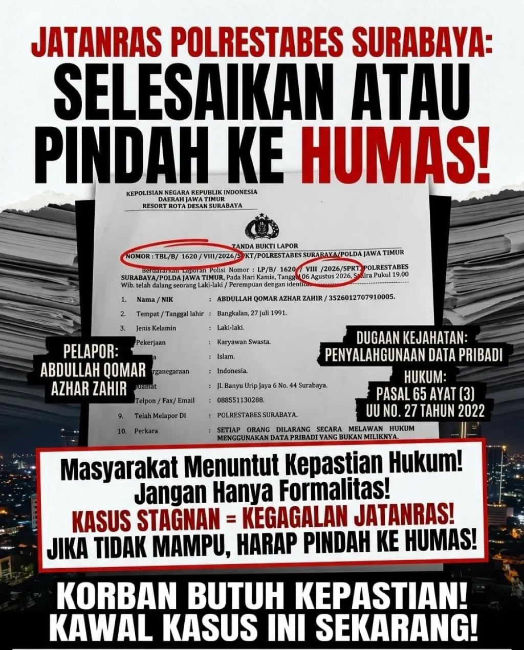 Laporan Dugaan Penyalahgunaan Data Pribadi Dinilai Lamban, Kapolrestabes Dan Kasatreskrim Polrestabes Surabaya Diminta E