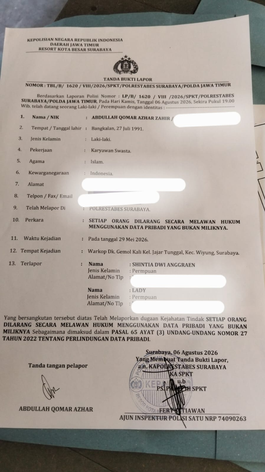 Laporan Penanganan Dugaan Penyalagunaan data pribadi di Polrestabes Surabaya mendapat sorotan